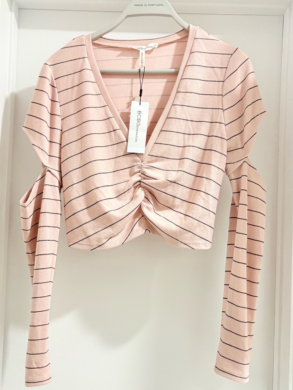 BCBGeneration Blush Pink Striped Ruched V-Neck Crop Top